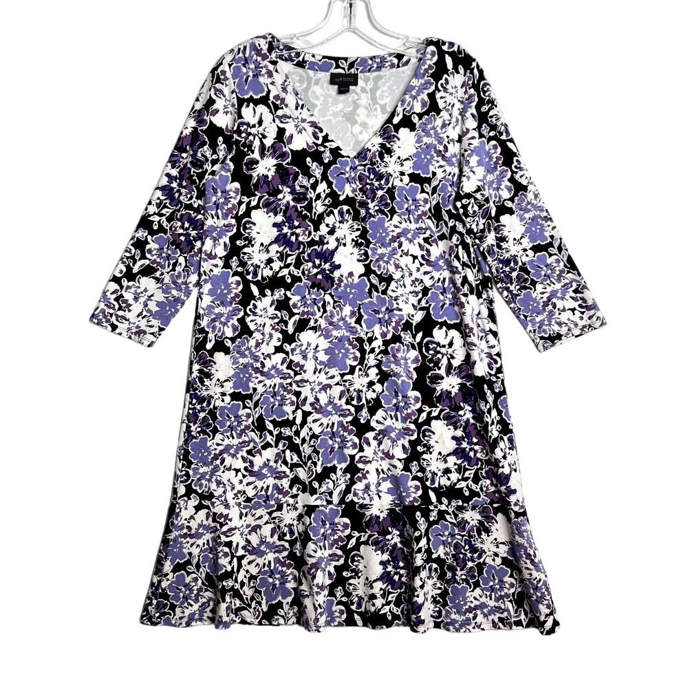 J Jill Wearever Collection 3/4 Sleeve Floral Peplum Hem Pullover Dress Purple